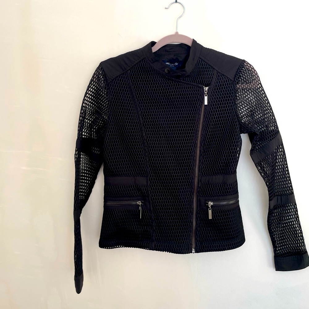 Anna Cai black fishnet mesh moto jacket